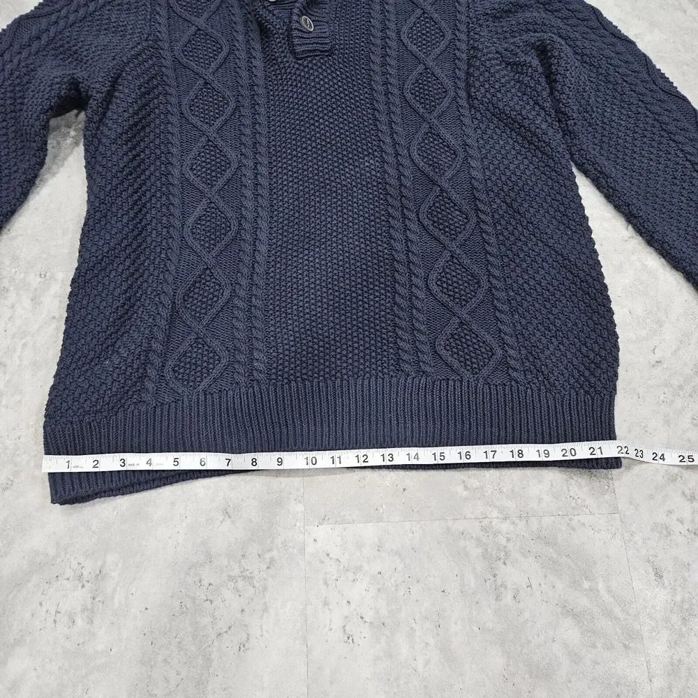 LL Bean Signature Fisherman Button Henley Sweater Blue‎ Cable Knit MENS XL Mock